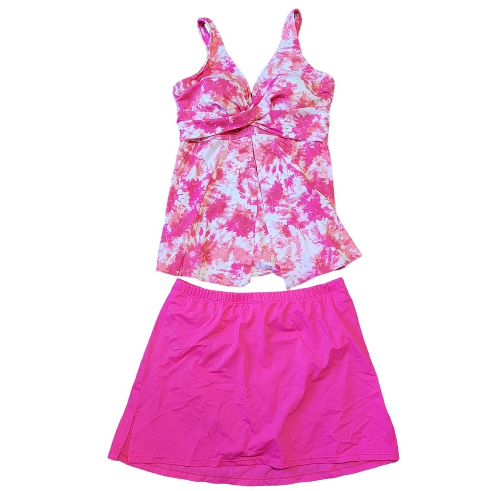 Kim Gravel x Swimsuits For All Pink Tie Dye Tankini & Swim Skirt Set Size 12 NEW